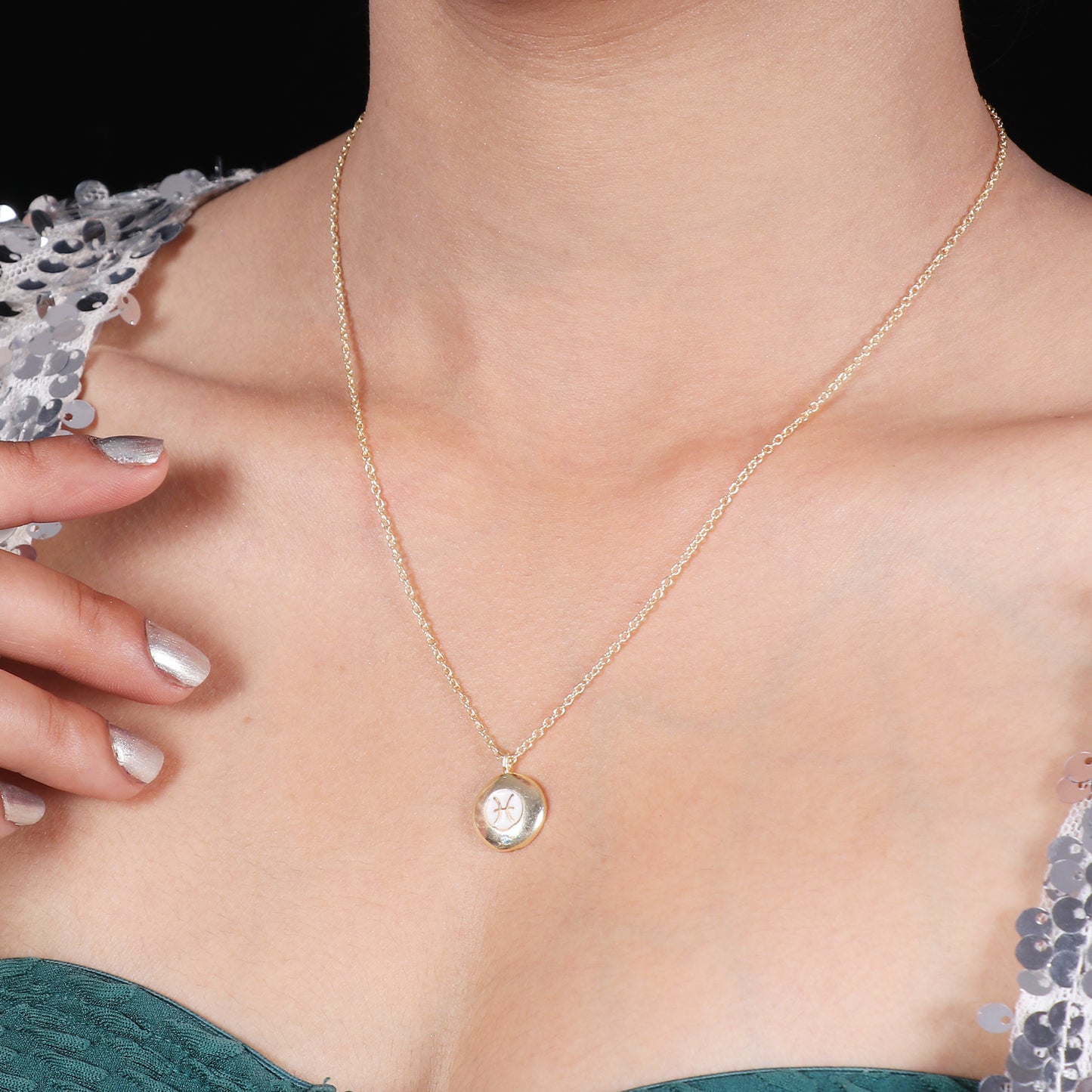 Pisces Zodiac Sign chain necklace with white enamel and Blue Topaz birthstone in 22k gold plated 925 sterling silver