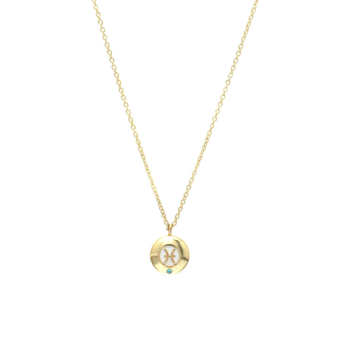Pisces Zodiac Sign chain necklace with white enamel and Blue Topaz birthstone in 22k gold plated 925 sterling silver