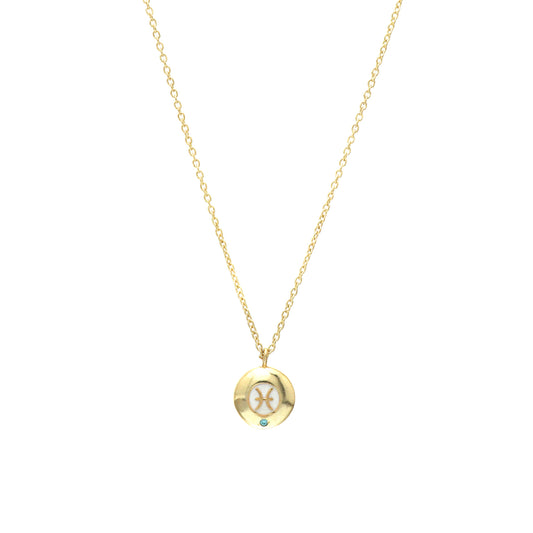 Pisces Zodiac Sign chain necklace with white enamel and Blue Topaz birthstone in 22k gold plated 925 sterling silver