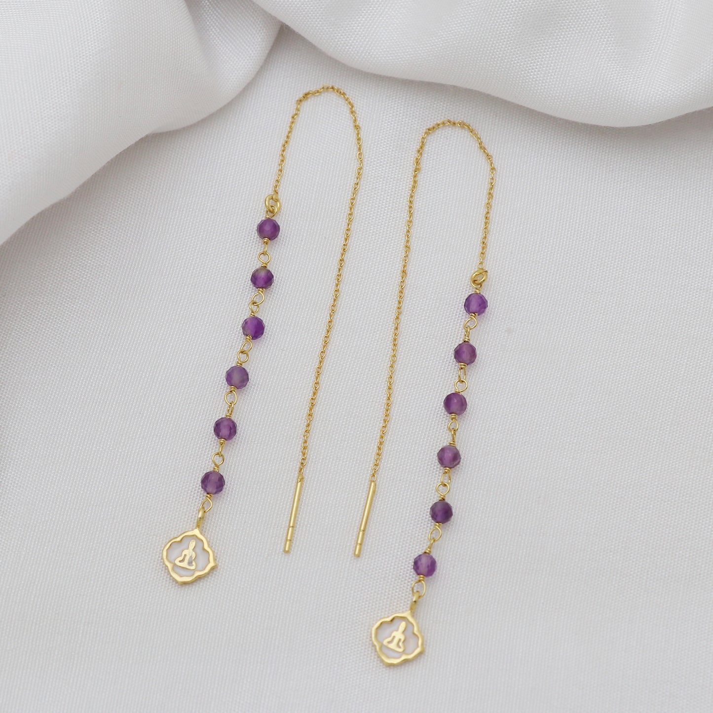 Amethyst and Buddha threader earrings in gold plated 925 sterling silver