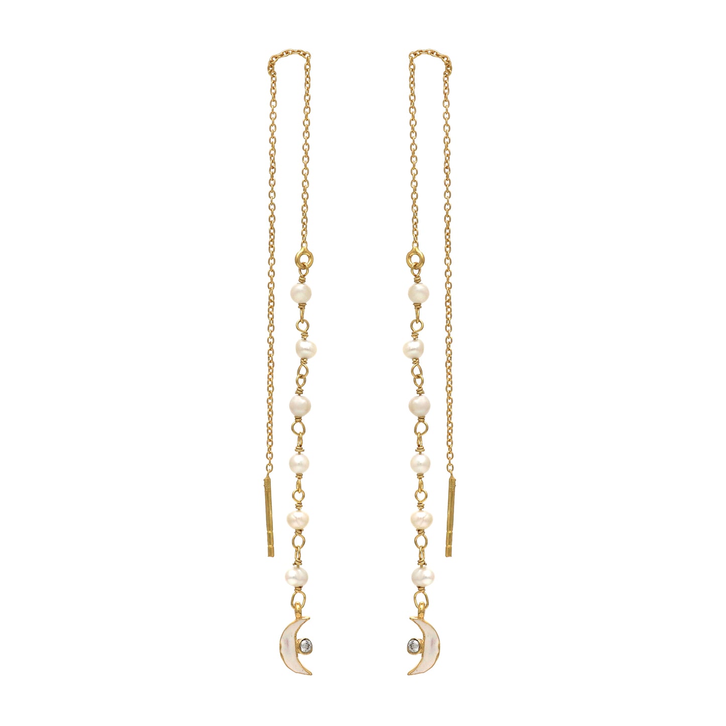 Pearl threader earrings in gold plated 925 sterling silver with moon charm