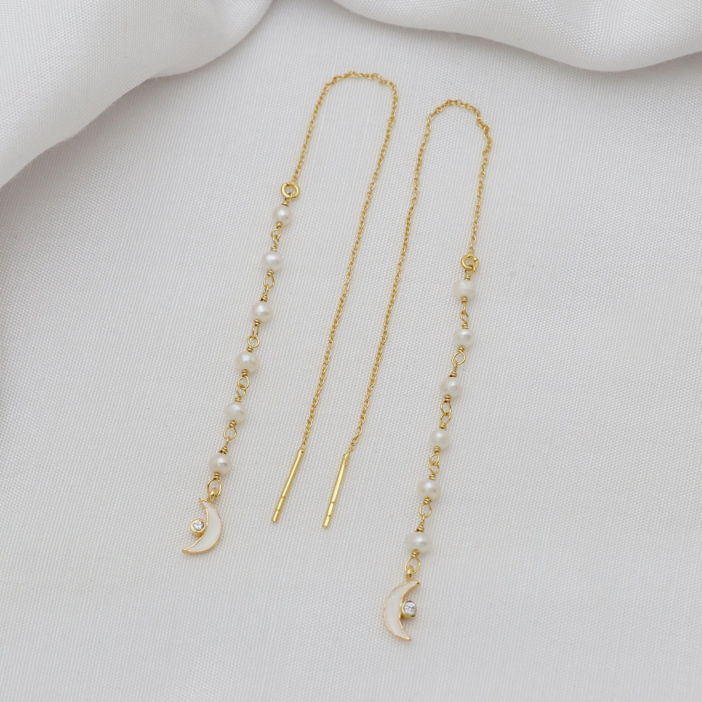 Pearl threader earrings in gold plated 925 sterling silver with moon charm