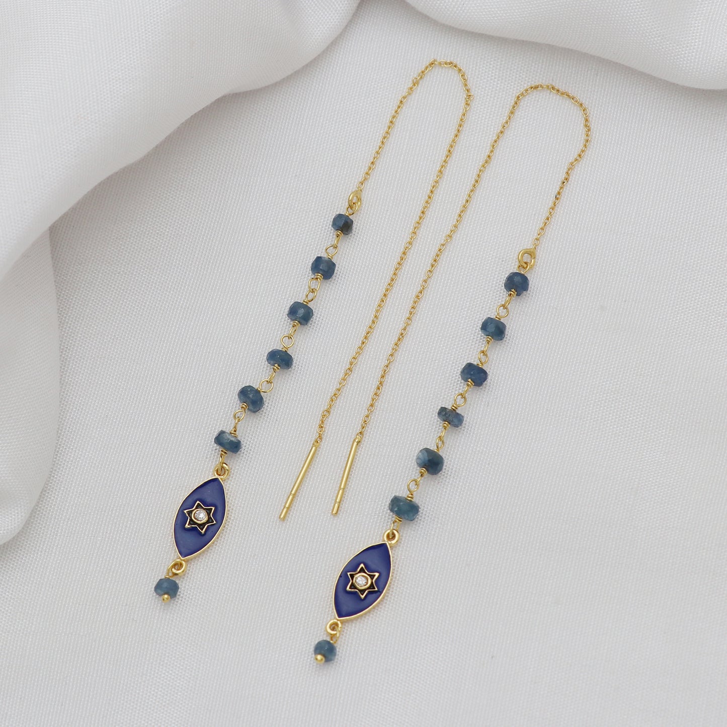 Blue sapphire threader earrings in gold plated 925 sterling silver with blue enamel star charm
