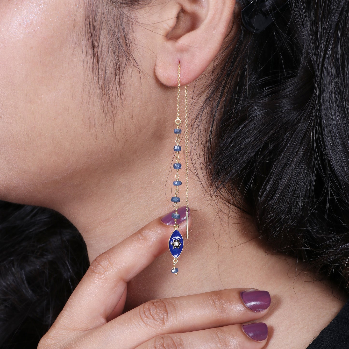 Blue sapphire threader earrings in gold plated 925 sterling silver with blue enamel star charm