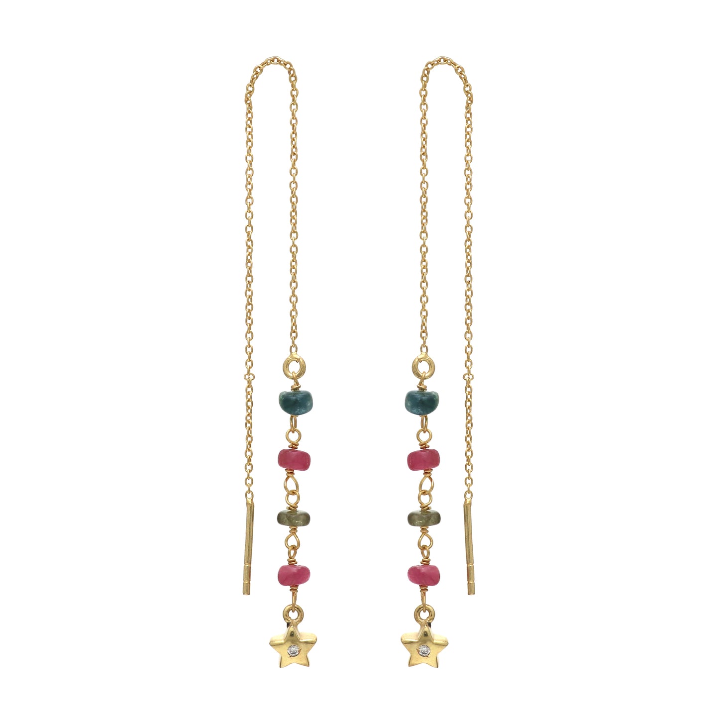 Multi tourmaline minimal threader earrings with star symbol in gold plated 925 sterling silver