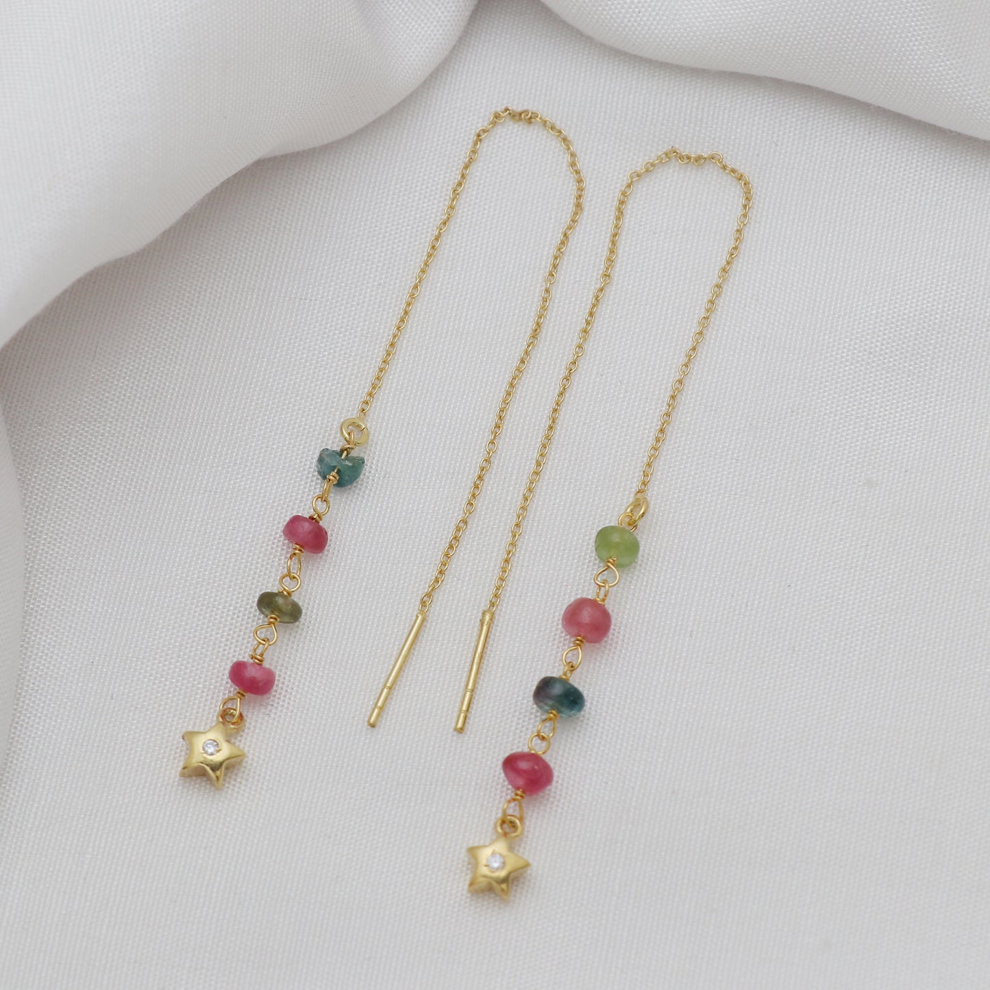 Multi tourmaline minimal threader earrings with star symbol in gold plated 925 sterling silver