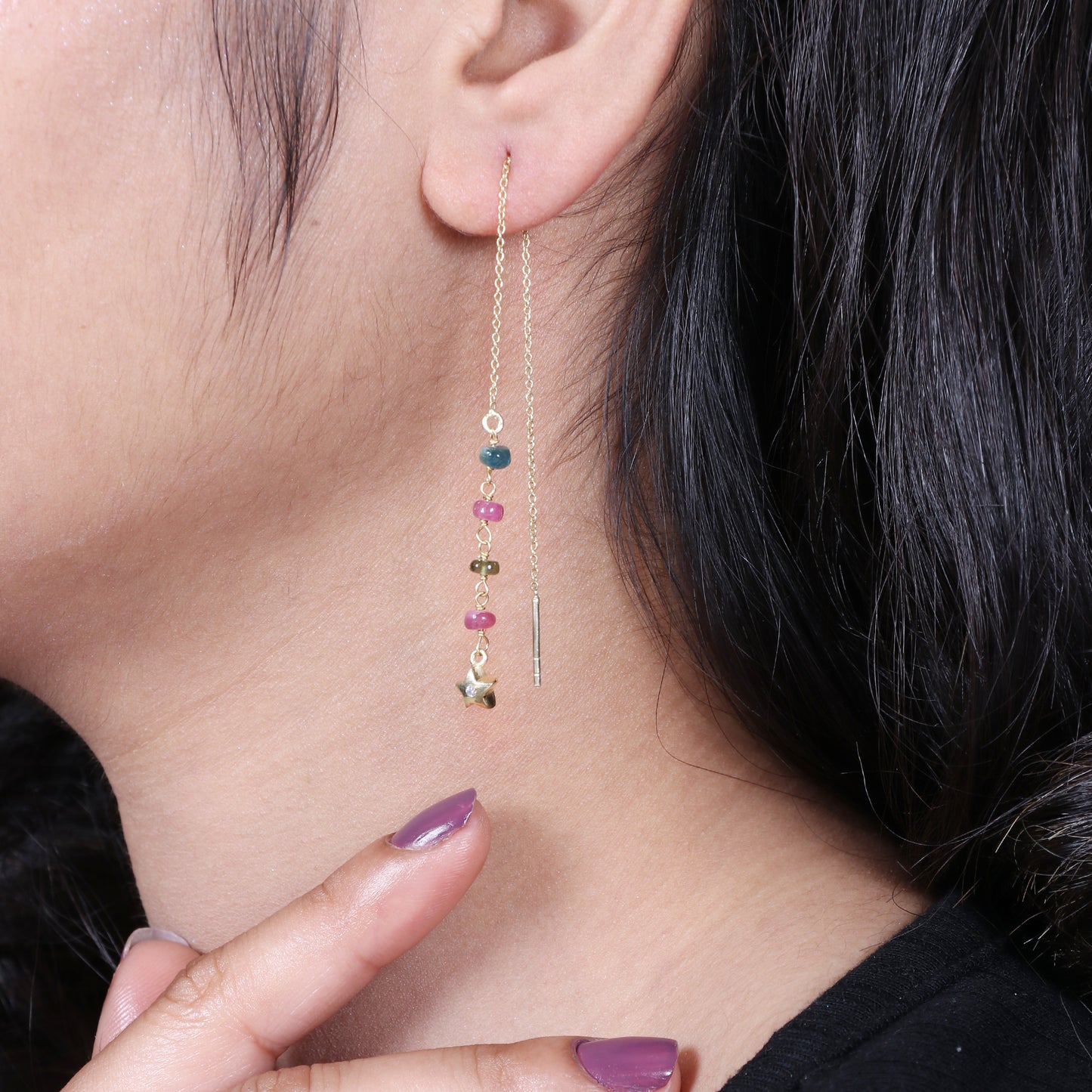 Multi tourmaline minimal threader earrings with star symbol in gold plated 925 sterling silver