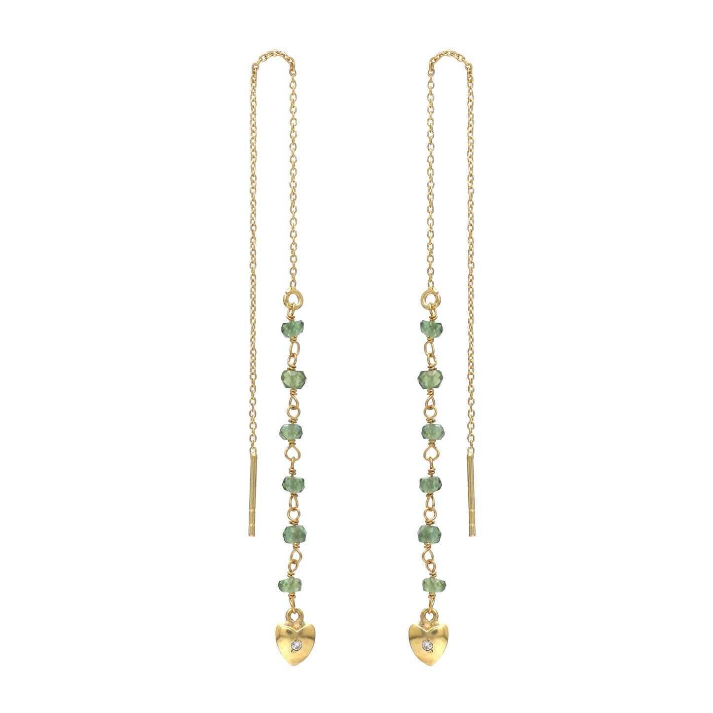 Minimal gold plated threader earrings in 925 sterling silver with apatite gemstone and heart charm