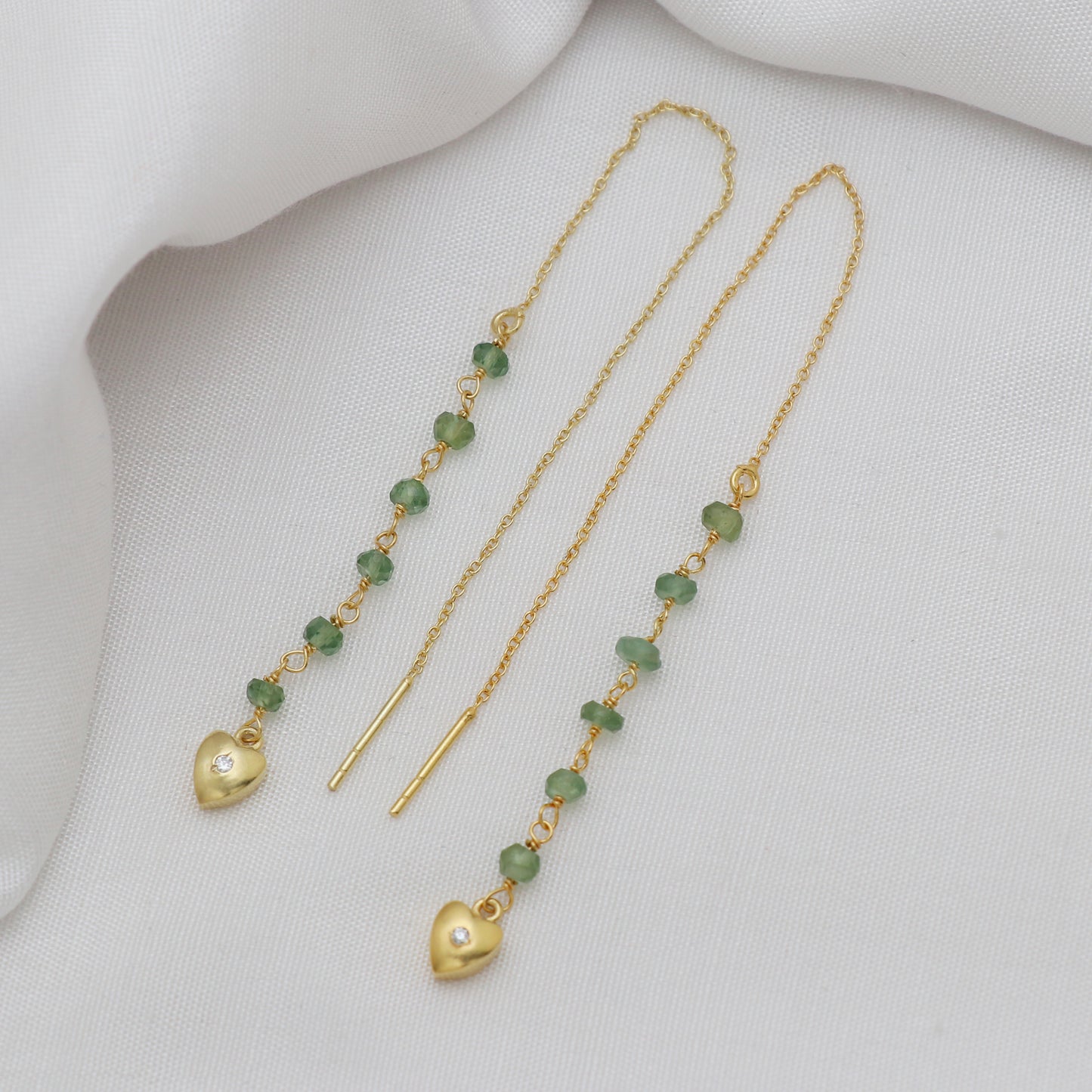 Minimal gold plated threader earrings in 925 sterling silver with apatite gemstone and heart charm