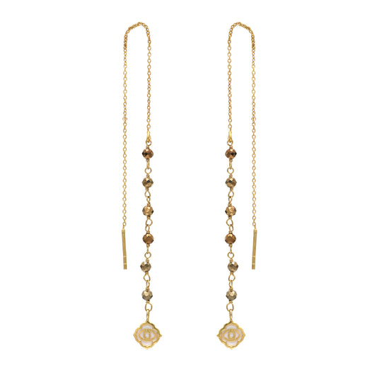 Evil eye and pyrite gemstone threader earrings in gold plated 925 sterling silver