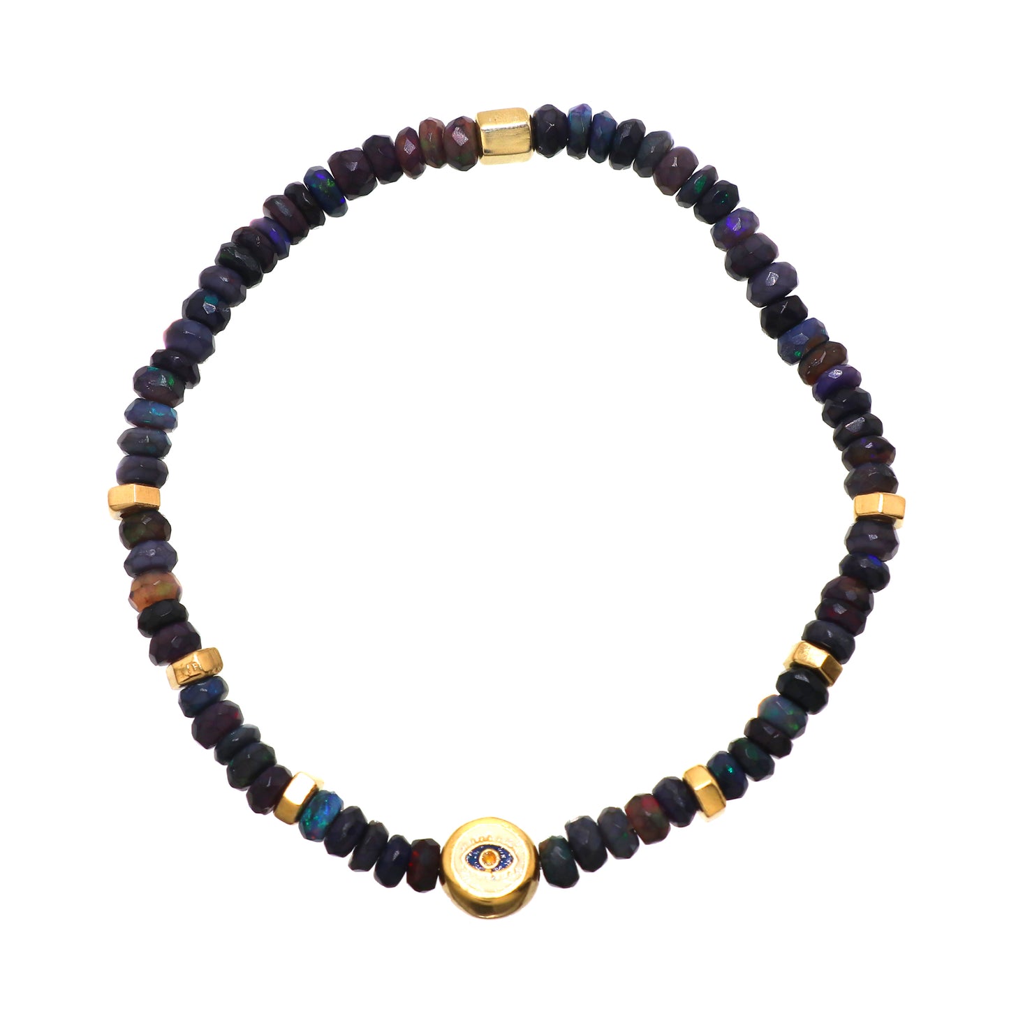 Blue Opal evil eye charm stretch bracelet with blue, yellow and white enamel in gold plated 925 sterling silver