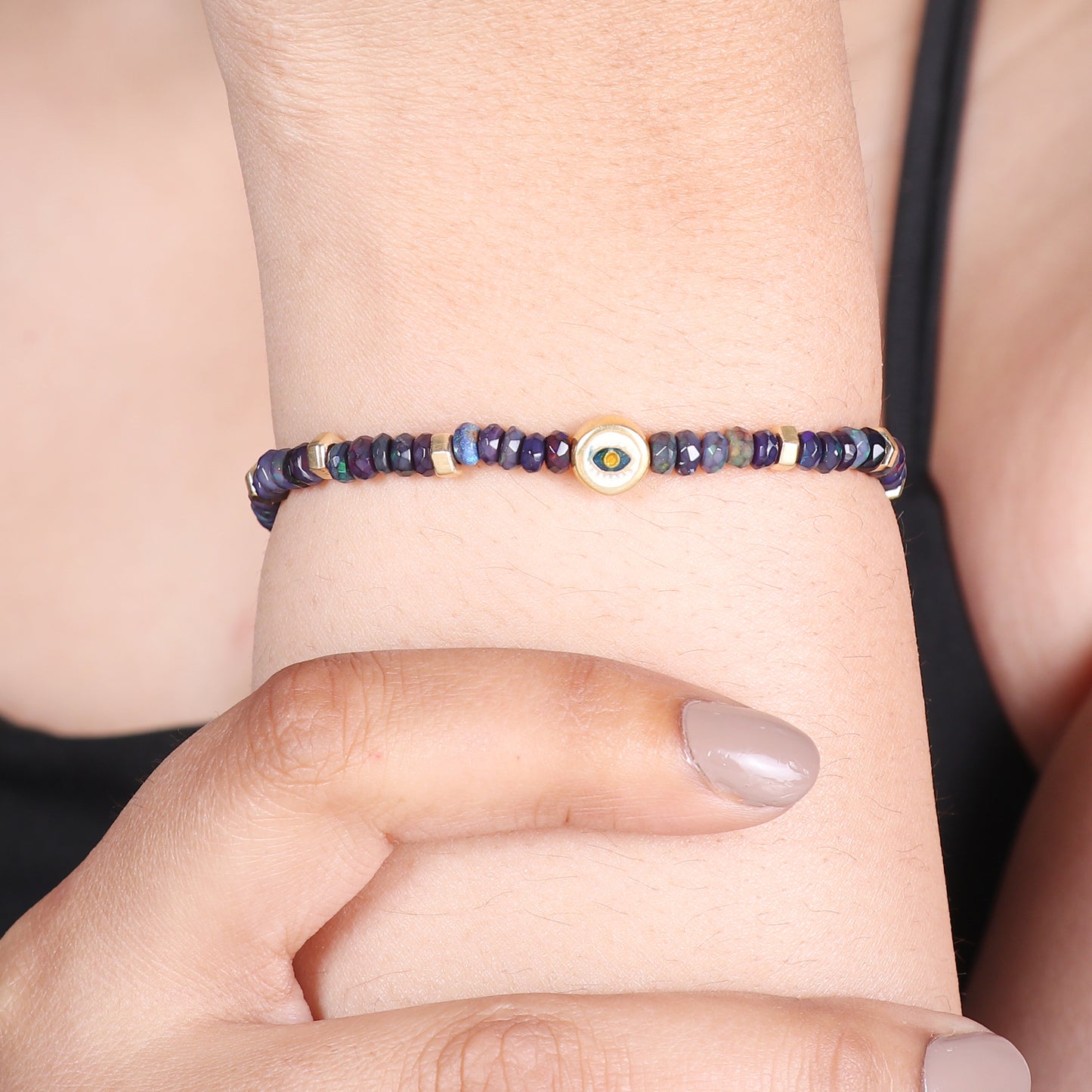 Blue Opal evil eye charm stretch bracelet with blue, yellow and white enamel in gold plated 925 sterling silver