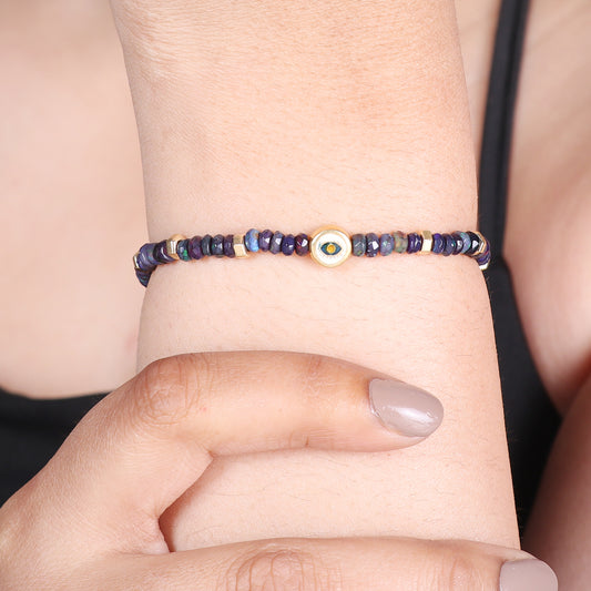 Blue Opal evil eye charm stretch bracelet with blue, yellow and white enamel in gold plated 925 sterling silver