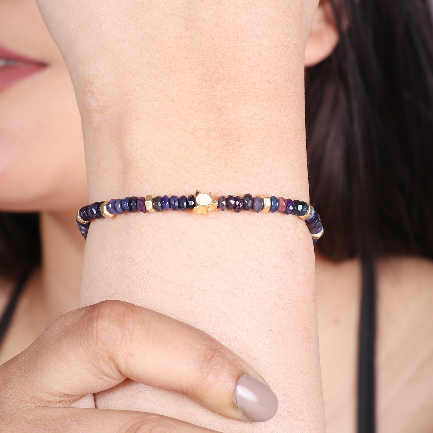 Blue Opal Turtle charm stretch bracelet with  white enamel in gold plated 925 sterling silver.