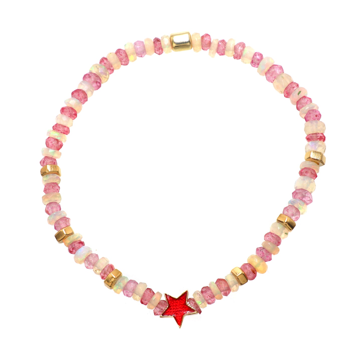 Pink Quartz White Opal Star charm stretch bracelet with red enamel in gold plated 925 sterling silver