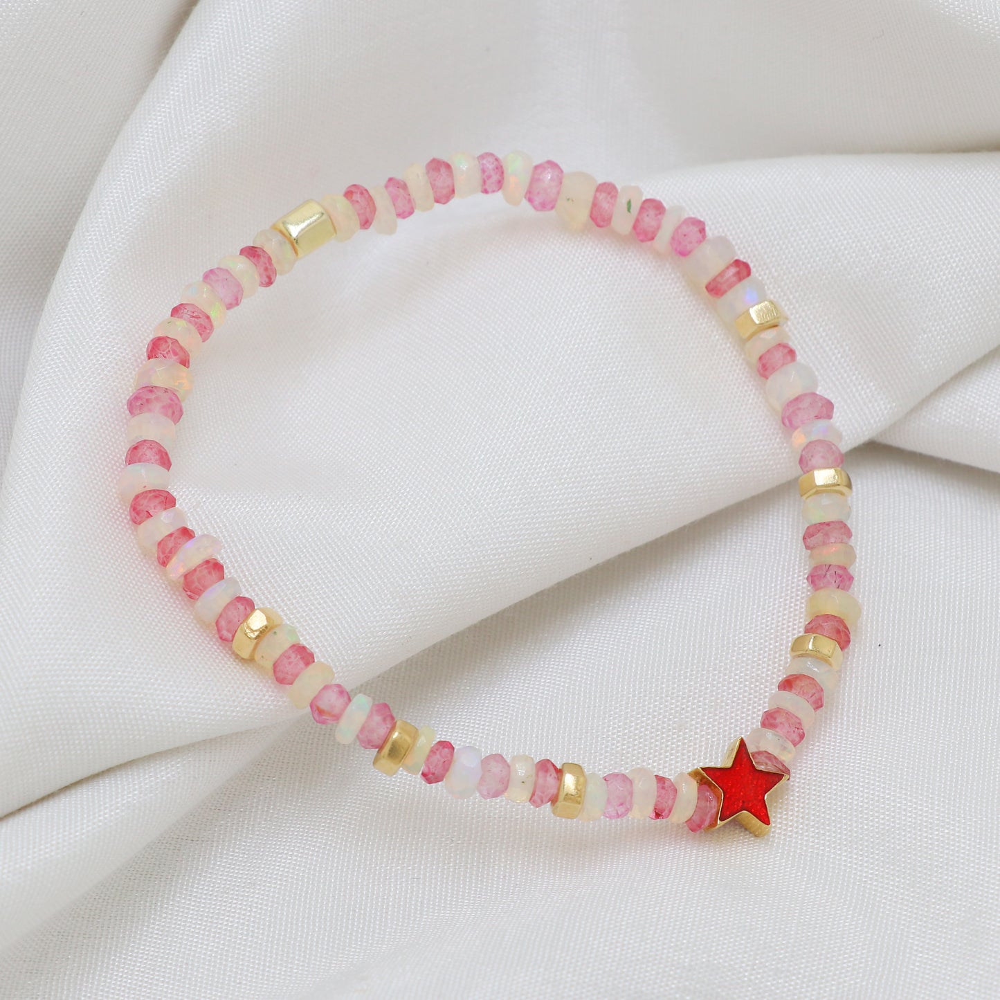Pink Quartz White Opal Star charm stretch bracelet with red enamel in gold plated 925 sterling silver