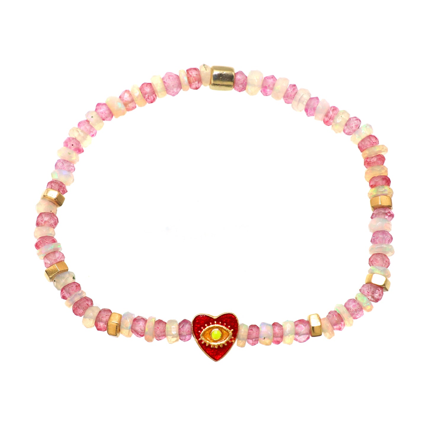 Pink Quartz White Opal Heart And Evil Eye charm stretch bracelet with red and yellow enamel in gold plated 925 sterling silver