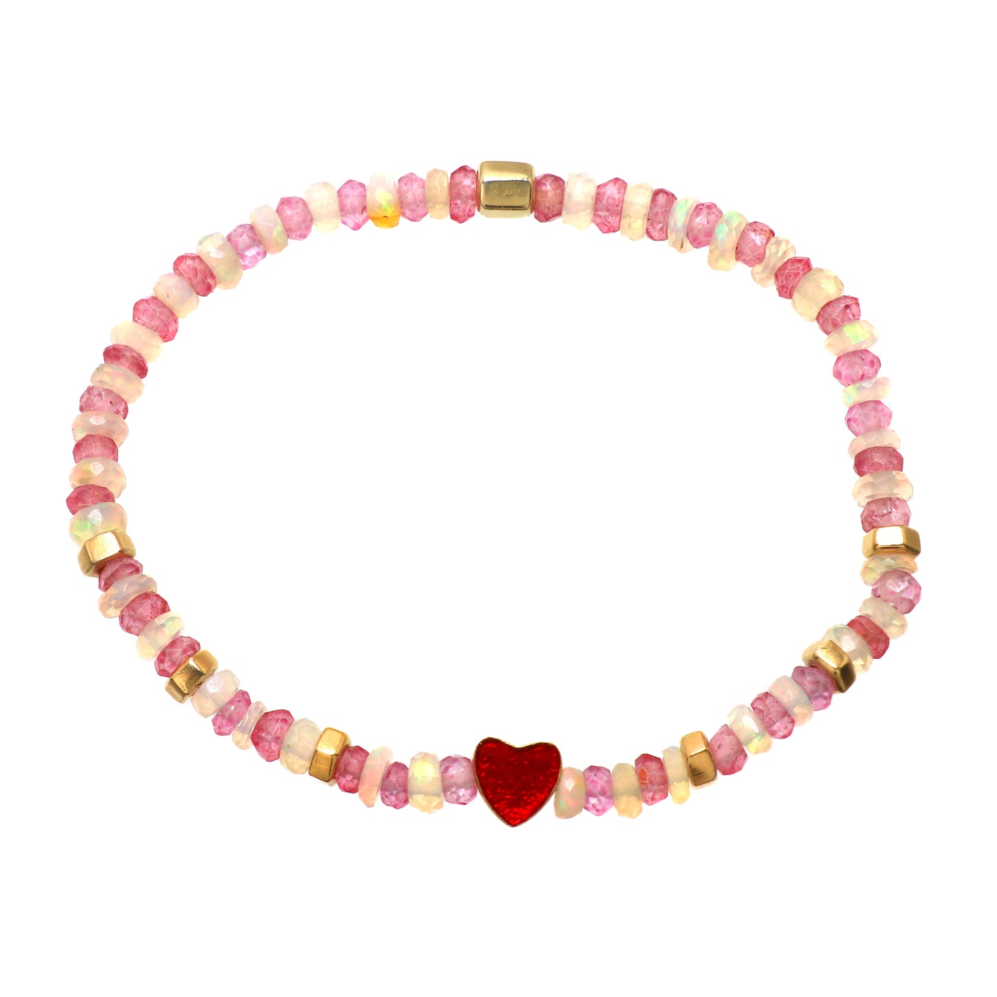 Pink Quartz And White Opal Heart charm stretch bracelet with red enamel in gold plated 925 sterling silver.