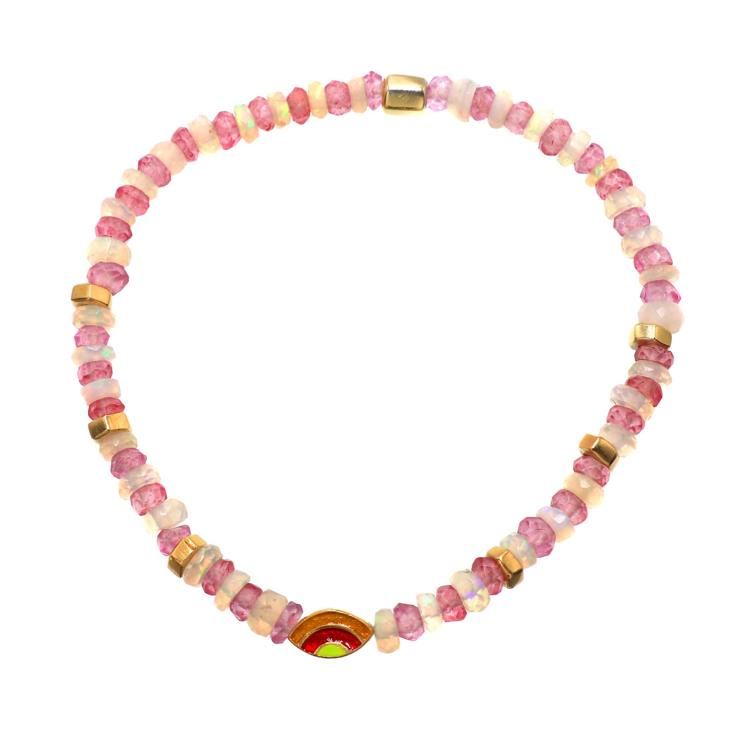 Pink Quartz And White Opal Evil Eye charm stretch bracelet with red,yellow and green enamel in gold plated 925 sterling silver