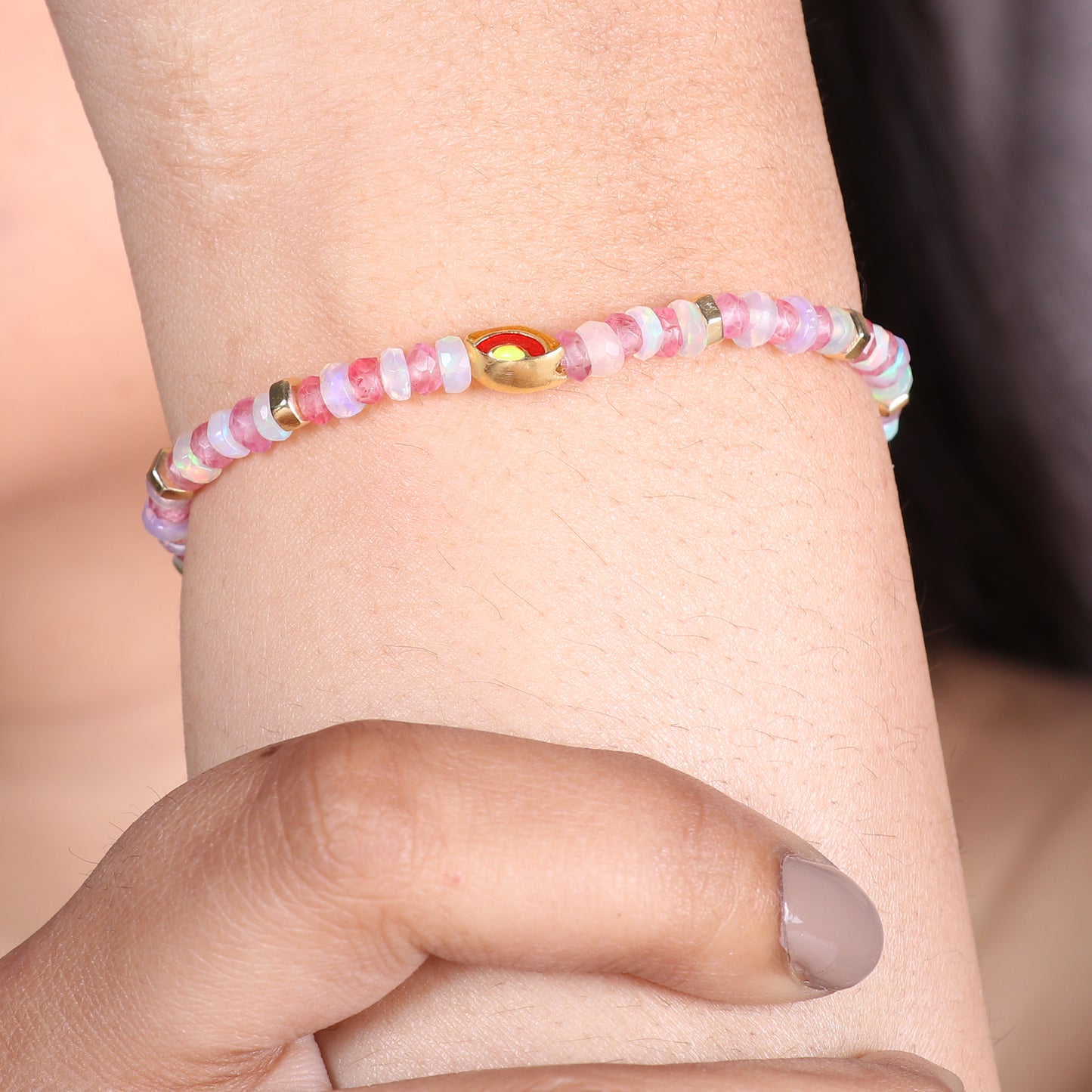 Pink Quartz And White Opal Evil Eye charm stretch bracelet with red,yellow and green enamel in gold plated 925 sterling silver