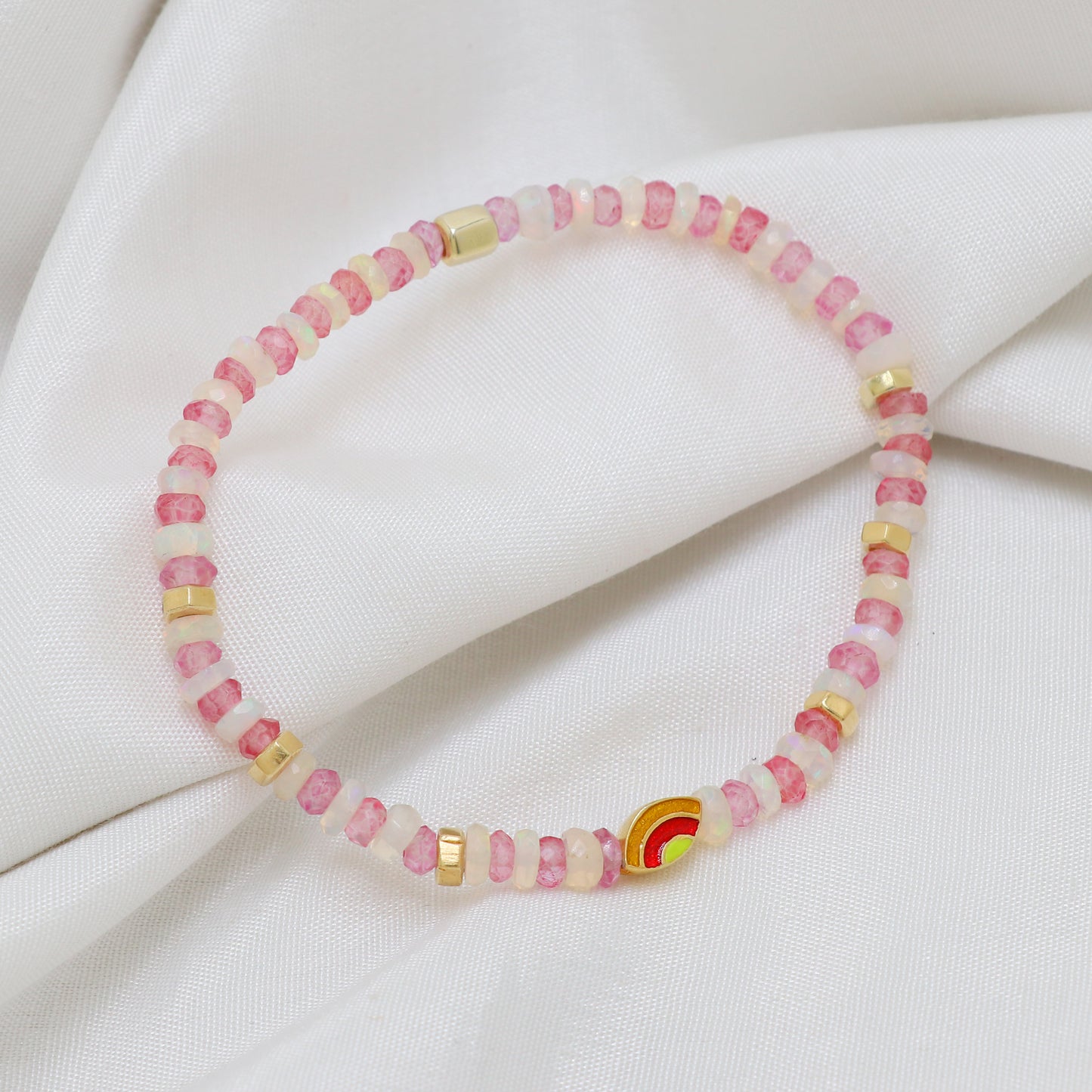 Pink Quartz And White Opal Evil Eye charm stretch bracelet with red,yellow and green enamel in gold plated 925 sterling silver