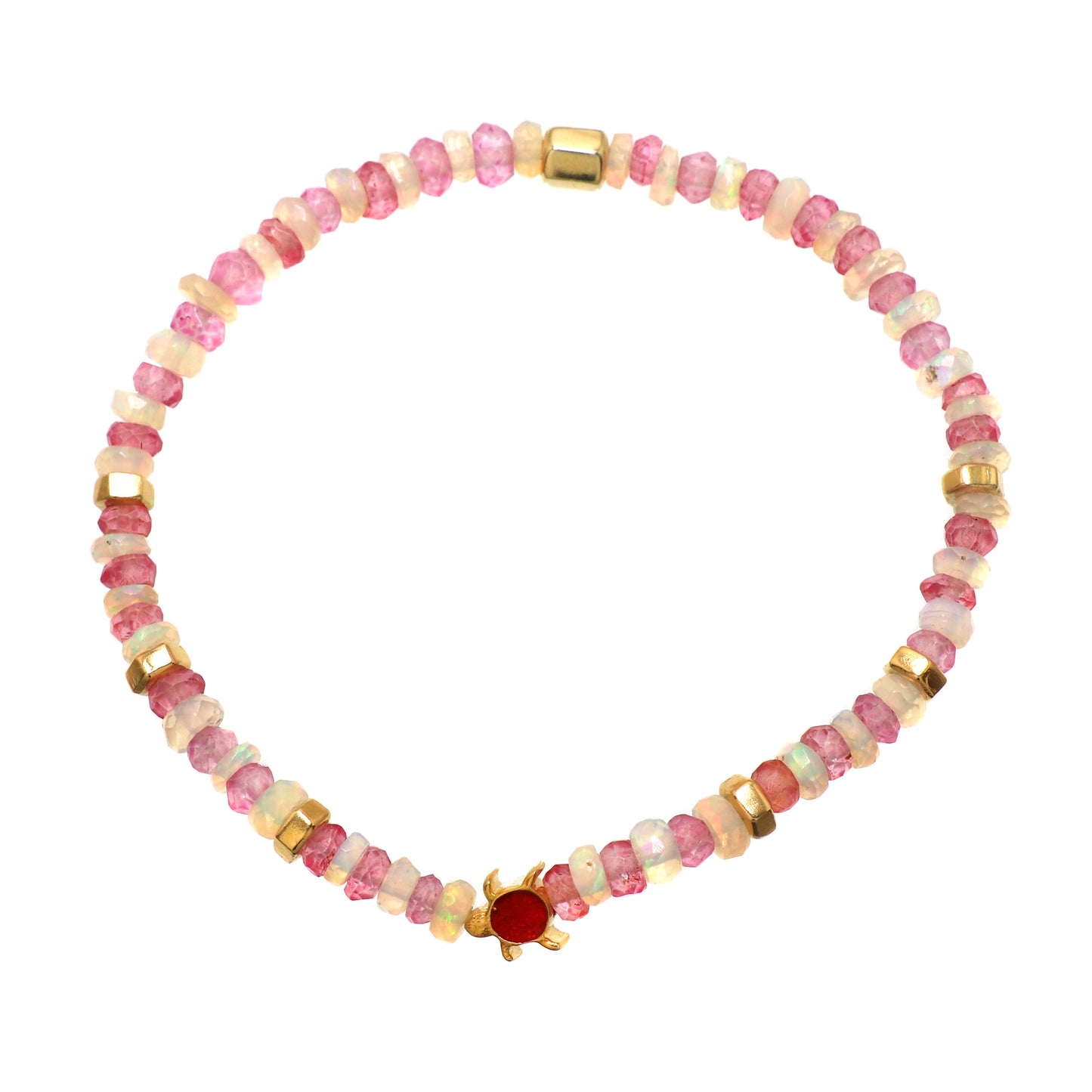 Pink Quartz White Opal Turtle charm stretch bracelet with red enamel in gold plated 925 sterling silver