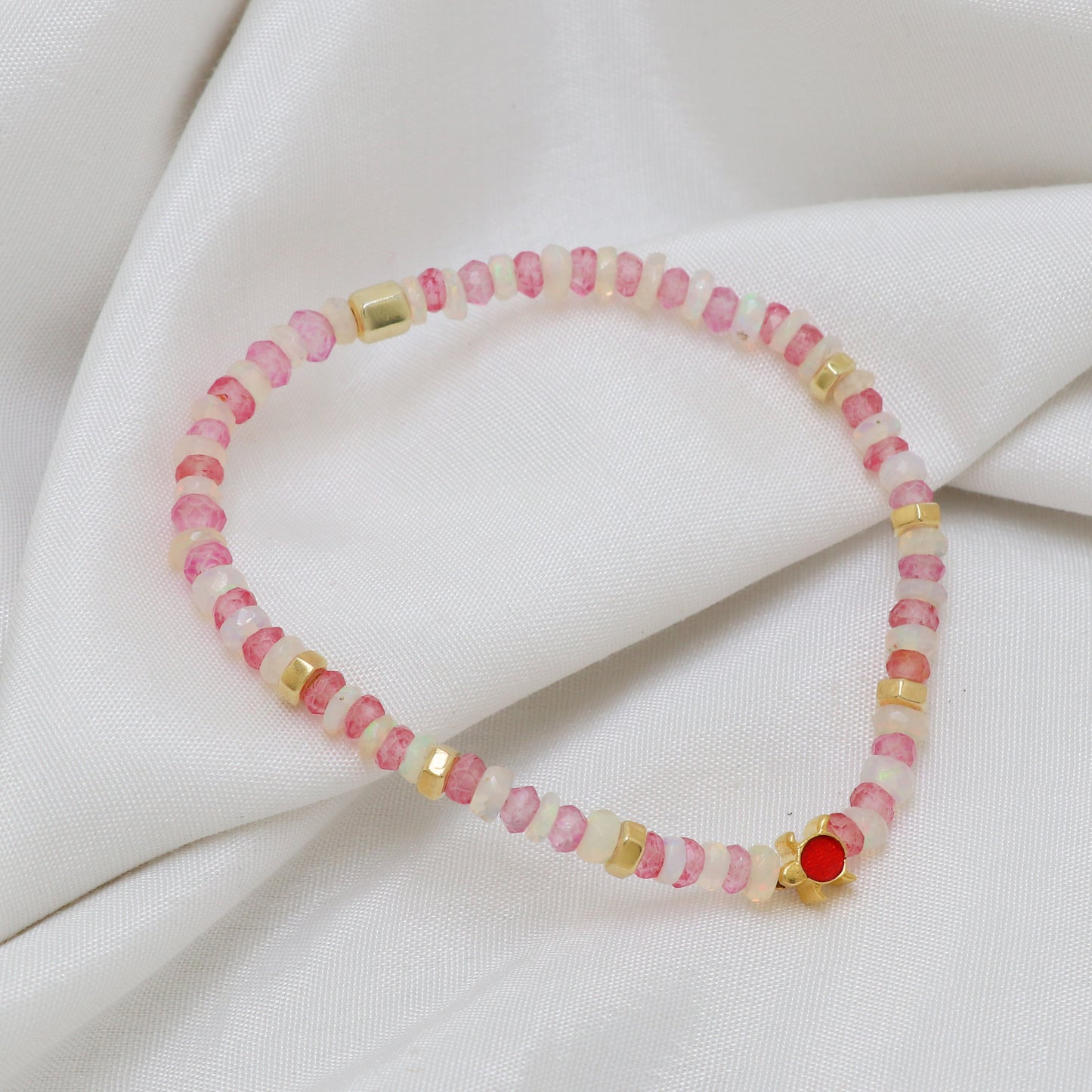 Pink Quartz White Opal Turtle charm stretch bracelet with red enamel in gold plated 925 sterling silver