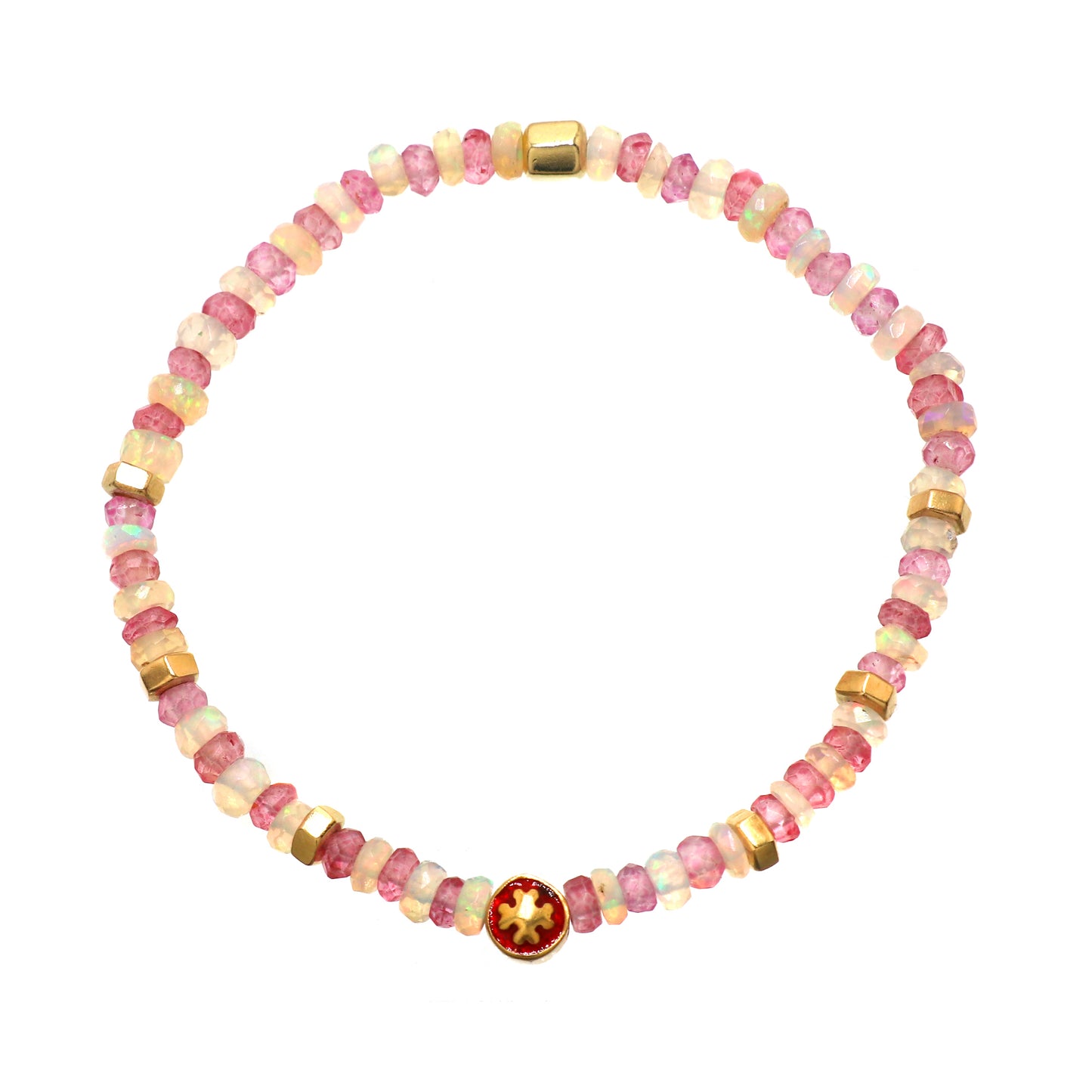 Pink Quartz White Opal Flower charm stretch bracelet with red and yellow enamel in gold plated 925 sterling silver