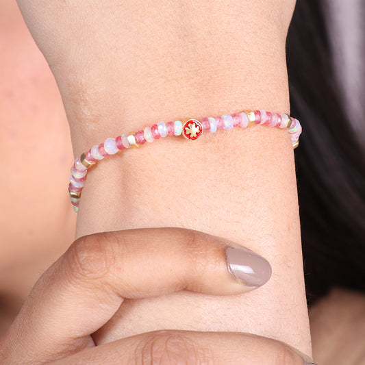 Pink Quartz White Opal Flower charm stretch bracelet with red and yellow enamel in gold plated 925 sterling silver