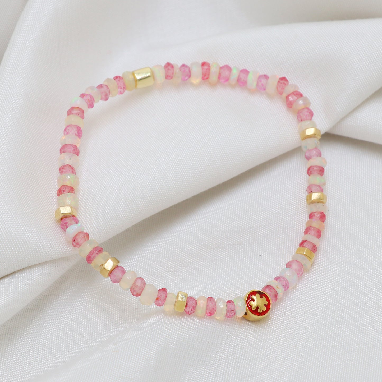 Pink Quartz White Opal Flower charm stretch bracelet with red and yellow enamel in gold plated 925 sterling silver