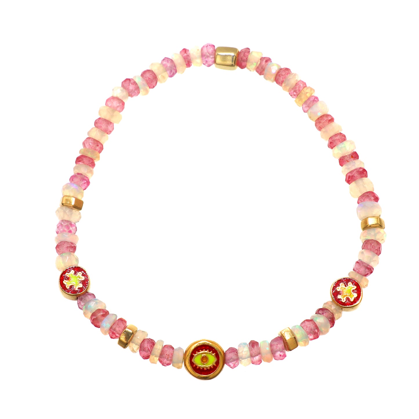 Pink Quartz White Opal Flower And Evil Eye charm stretch bracelet with red, green and yellow enamel in gold plated 925 sterling silver