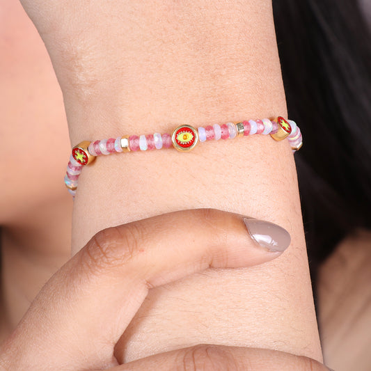 Pink Quartz White Opal Flower And Evil Eye charm stretch bracelet with red, green and yellow enamel in gold plated 925 sterling silver