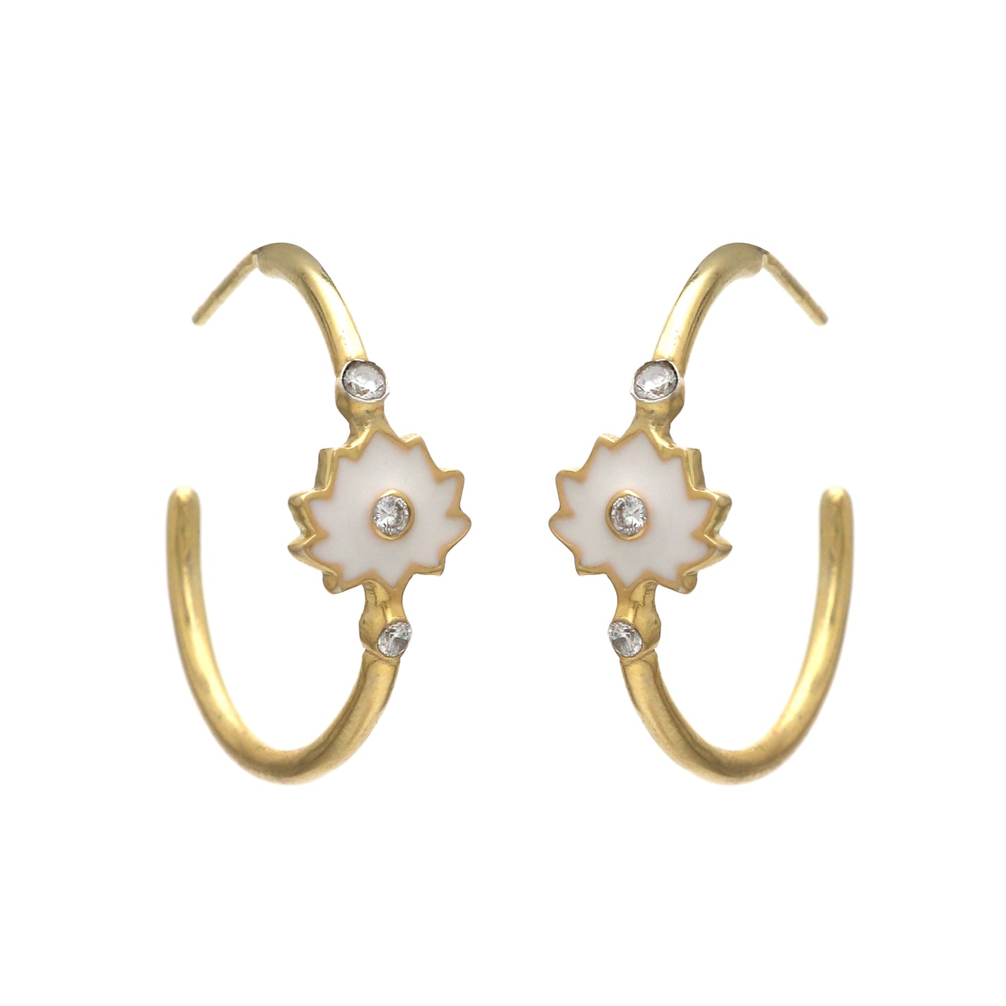 White enamel lotus hoop earrings in gold plated 925 sterling silver
