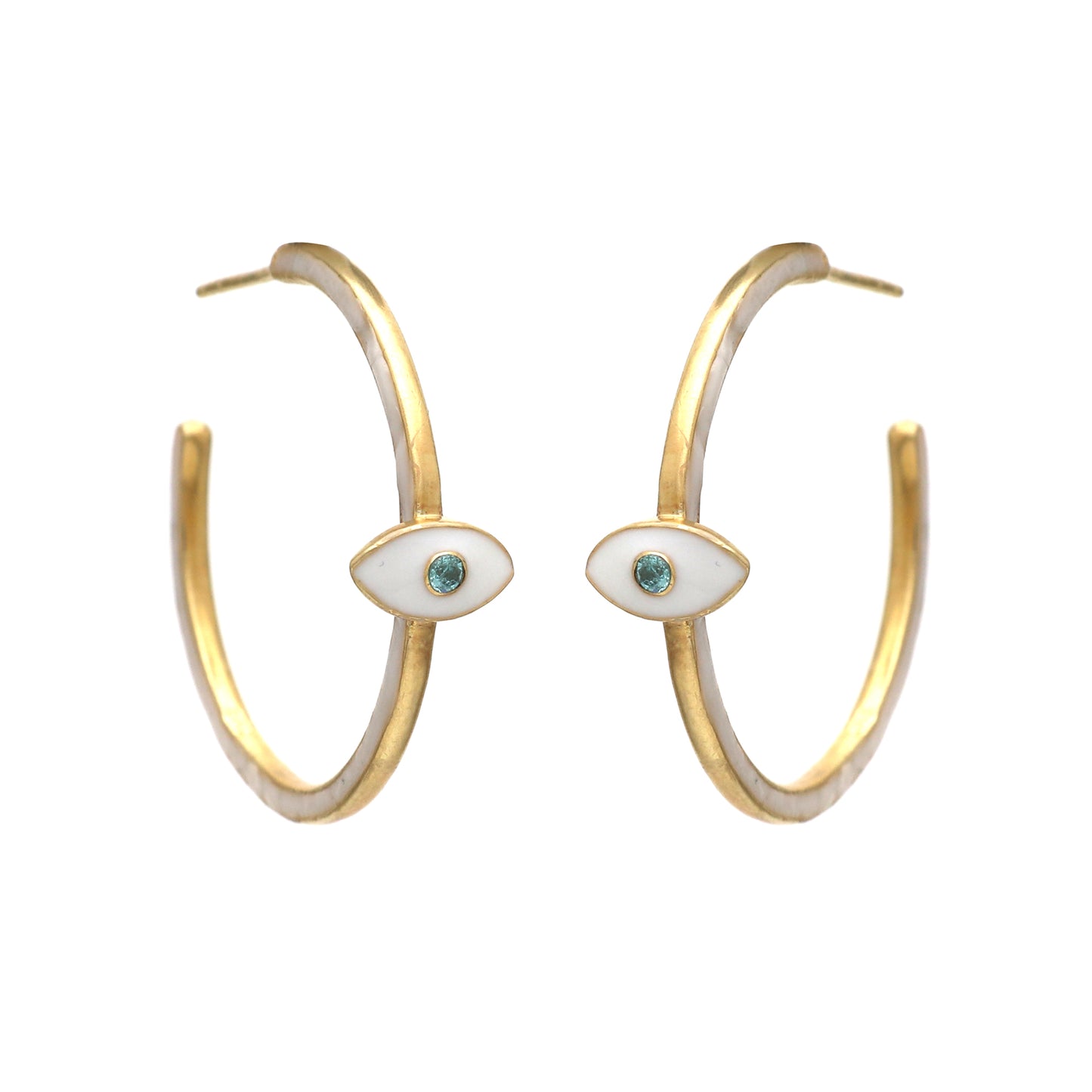 Evil Eye white enamel hoop earrings in gold plated 925 sterling silver with blue topaz gemstone