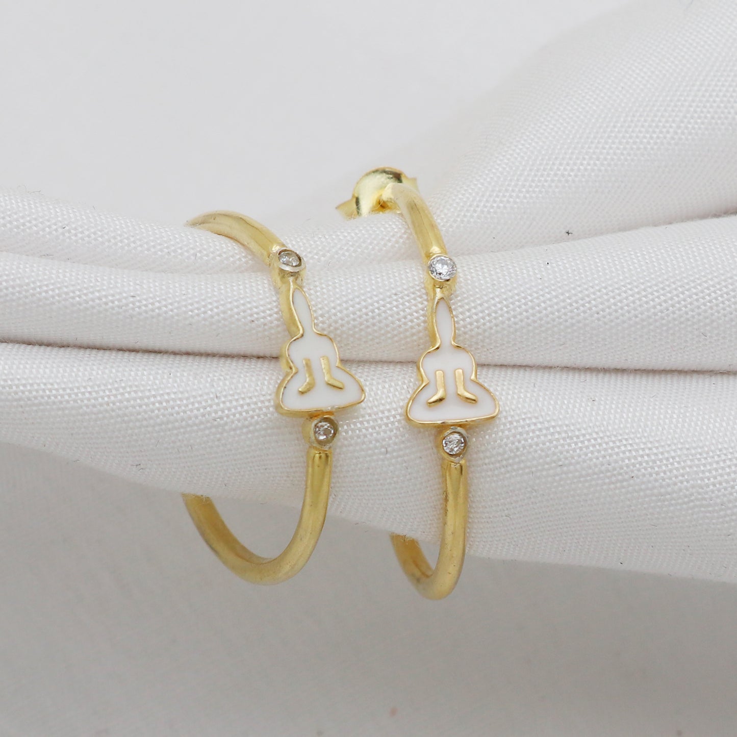 Spiritual Buddha 25mm Hoop earrings with white enamel in gold plated 925 sterling silver