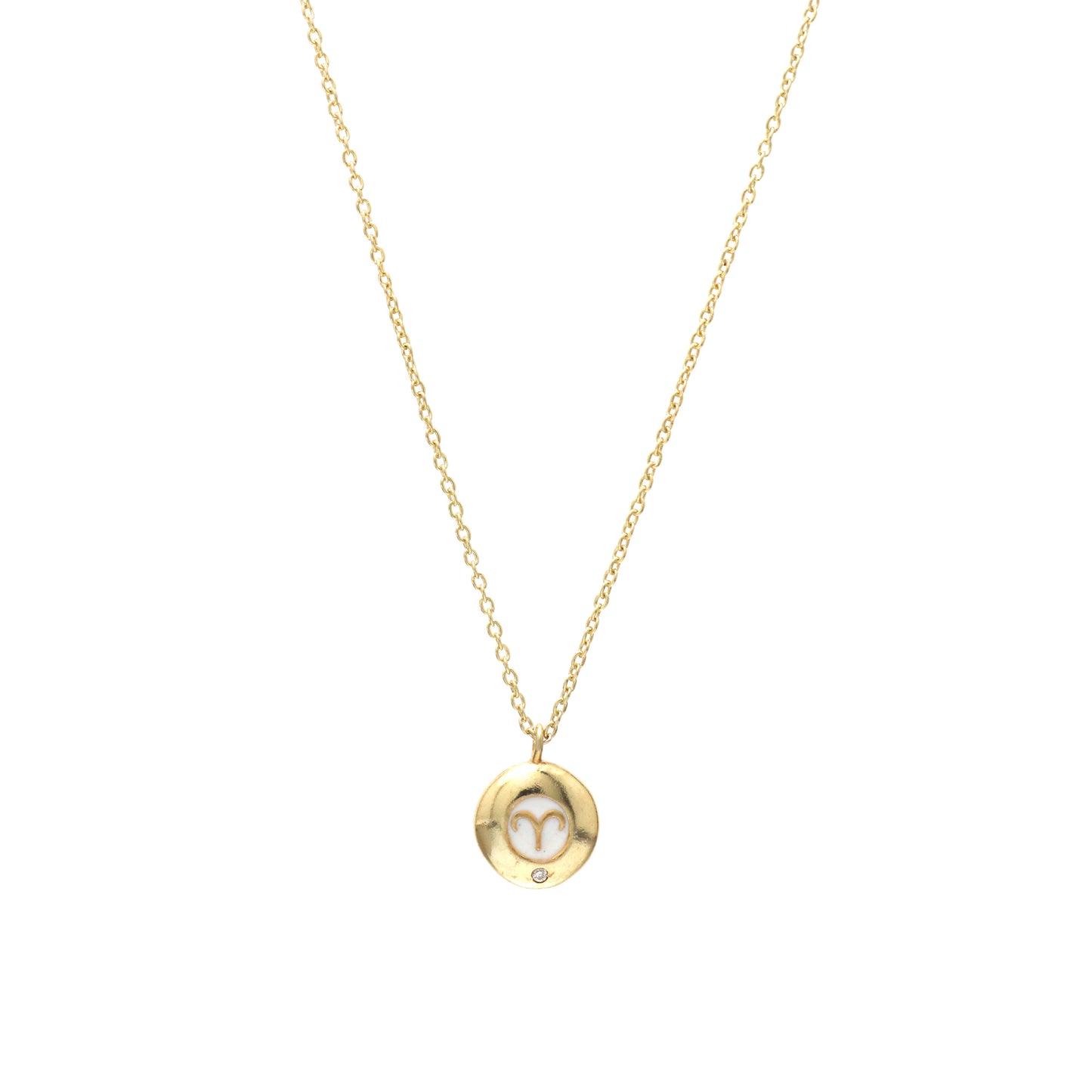 Aries Zodiac Sign chain necklace with white enamel and Zircon birthstone in 22k gold plated 925 sterling silver