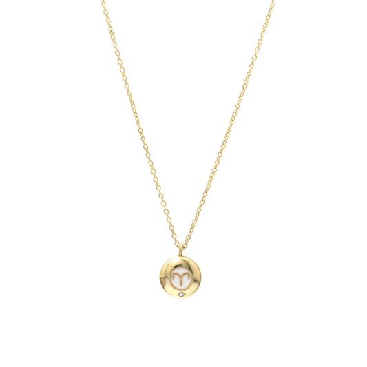 Aries Zodiac Sign chain necklace with white enamel and Zircon birthstone