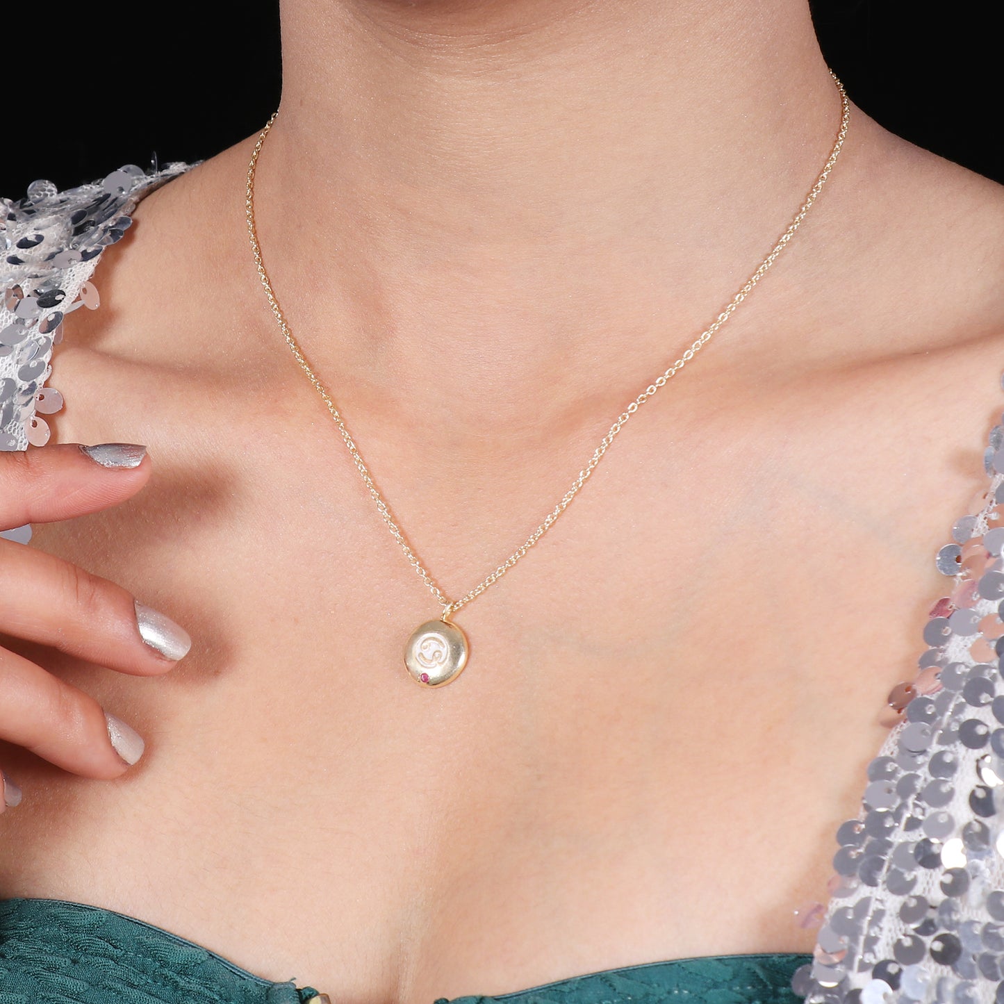 Cancer Zodiac Sign chain necklace with white enamel and Ruby birthstone