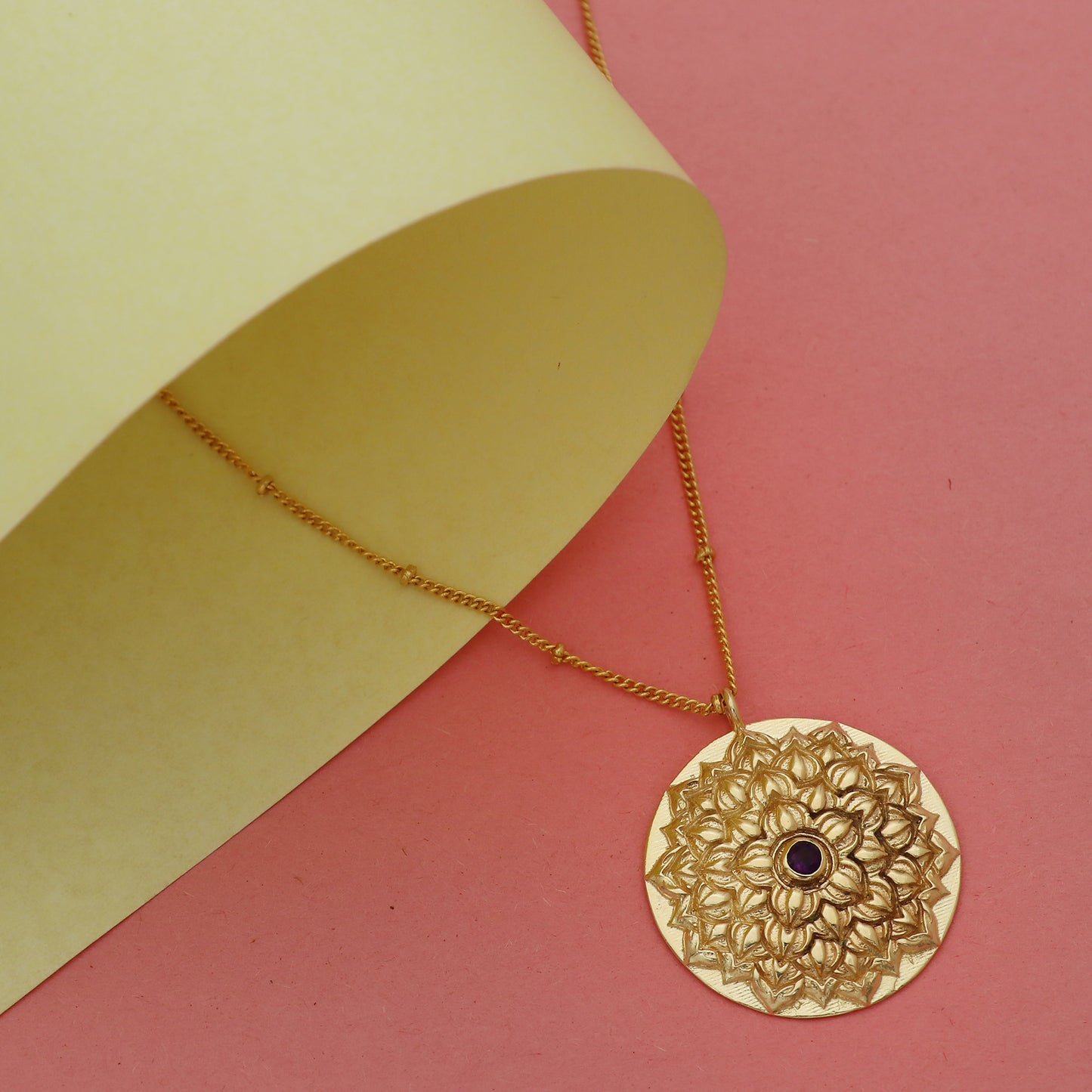 Sahasrara Crown Chakra Charm ball chain necklace with Amethyst gemstone in 22k gold plated 925 sterling silver