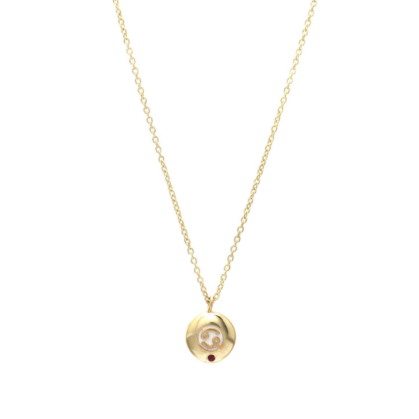 Cancer Zodiac Sign chain necklace with white enamel and Ruby birthstone
