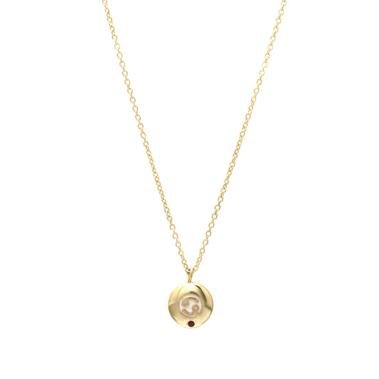 Cancer Zodiac Sign chain necklace with white enamel and Ruby birthstone