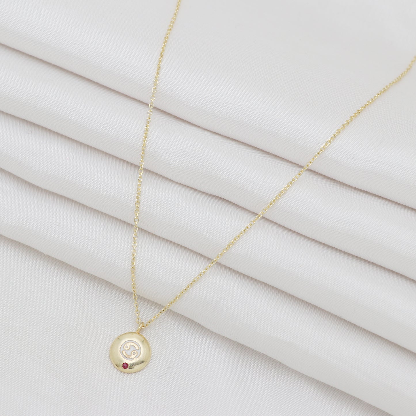 Cancer Zodiac Sign chain necklace with white enamel and Ruby birthstone