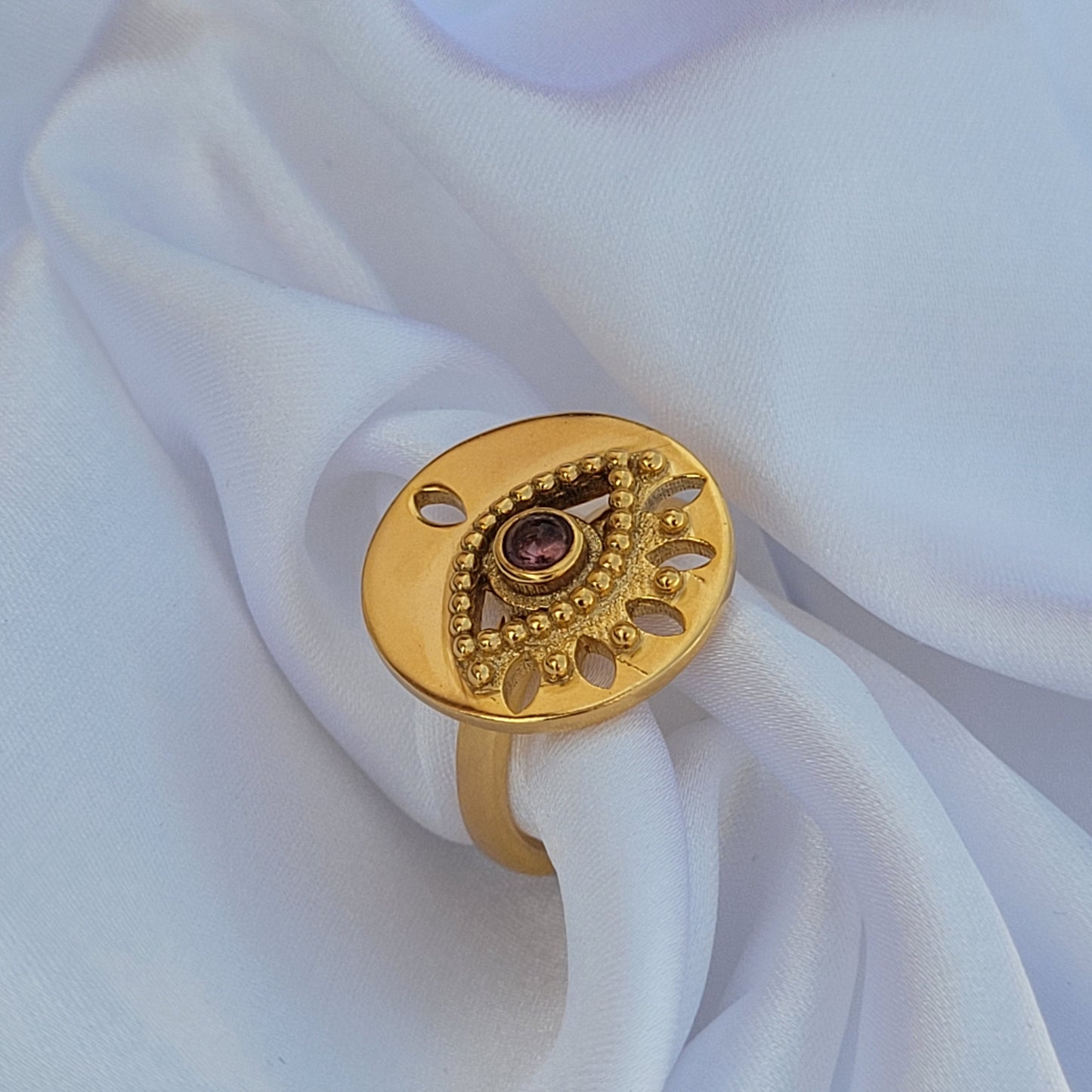 Adjustable Evil Eye ring with Garnet gemstone