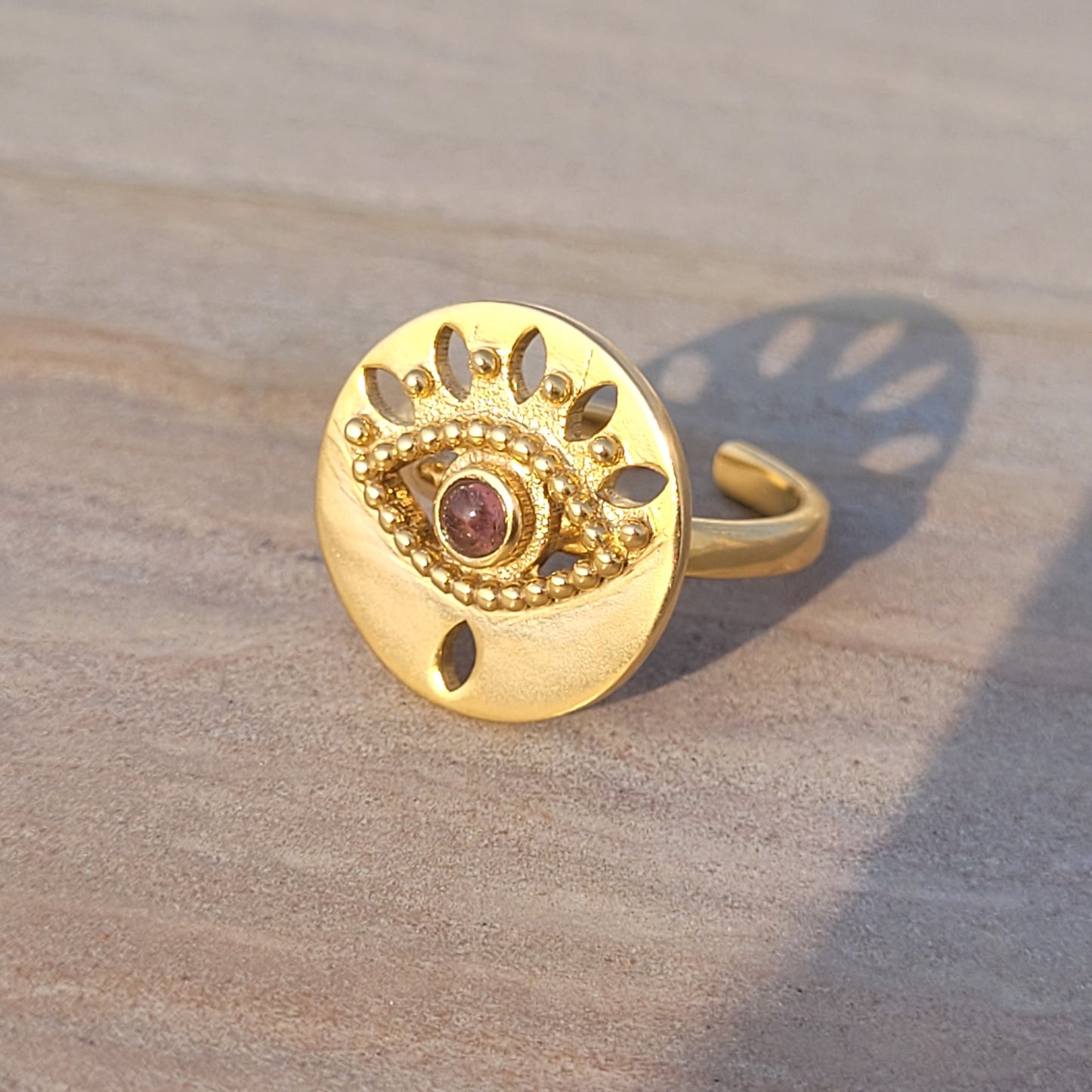 Adjustable Evil Eye ring with Garnet gemstone