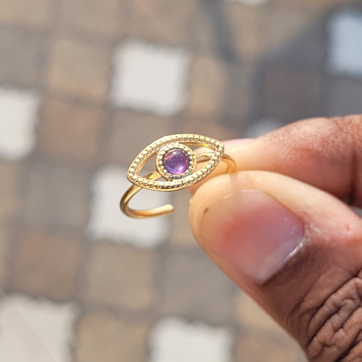 Adjustable Evil Eye ring with Amethyst gemstone