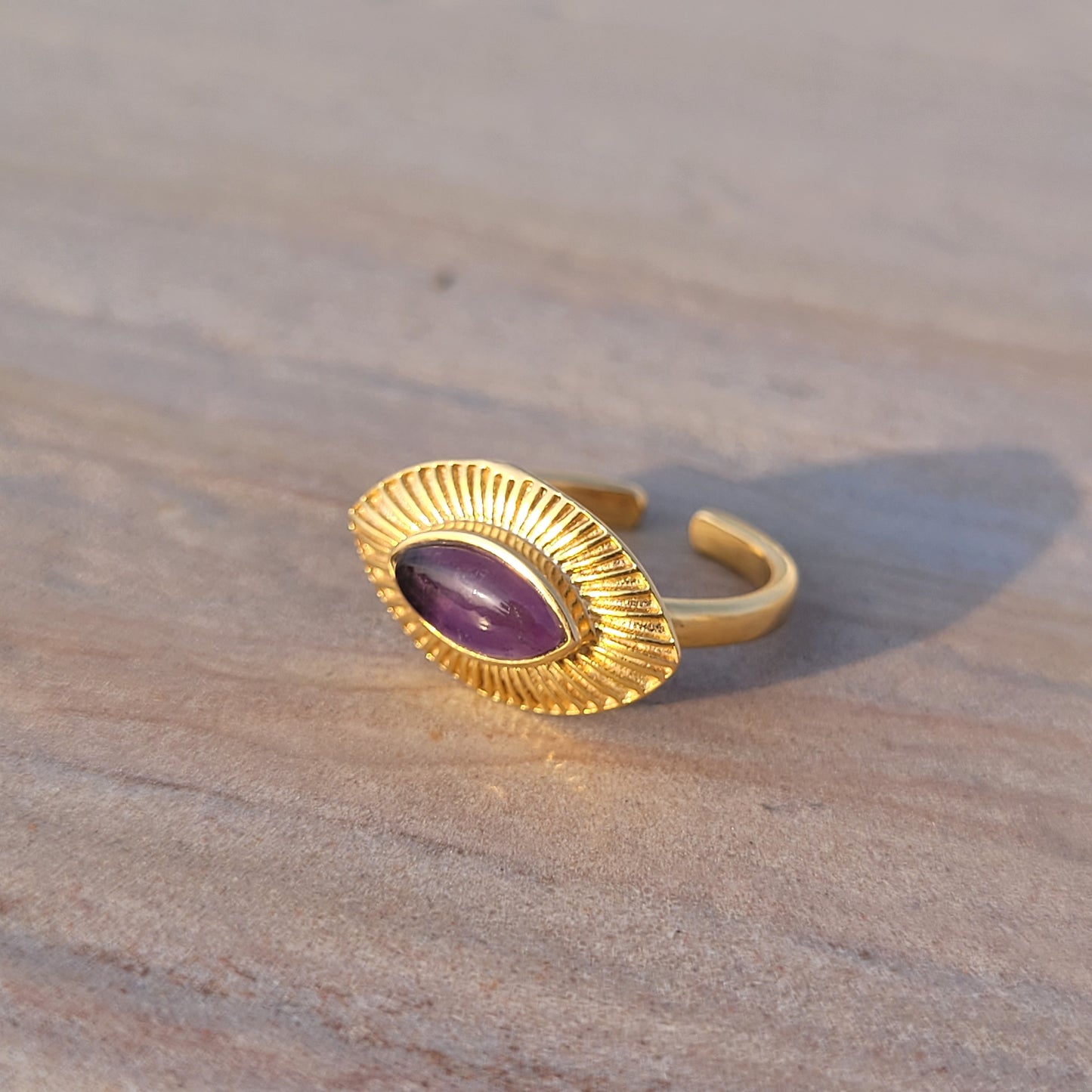 Adjustable Evil Eye ring with Amethyst marquise gemstone