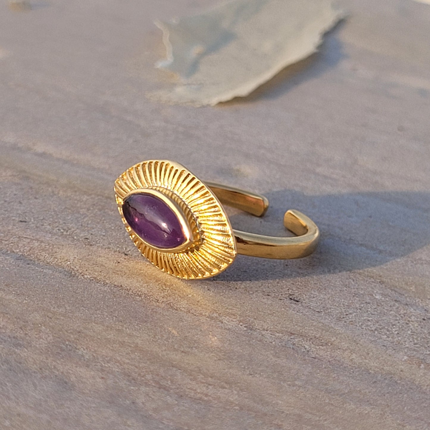 Adjustable Evil Eye ring with Amethyst marquise gemstone