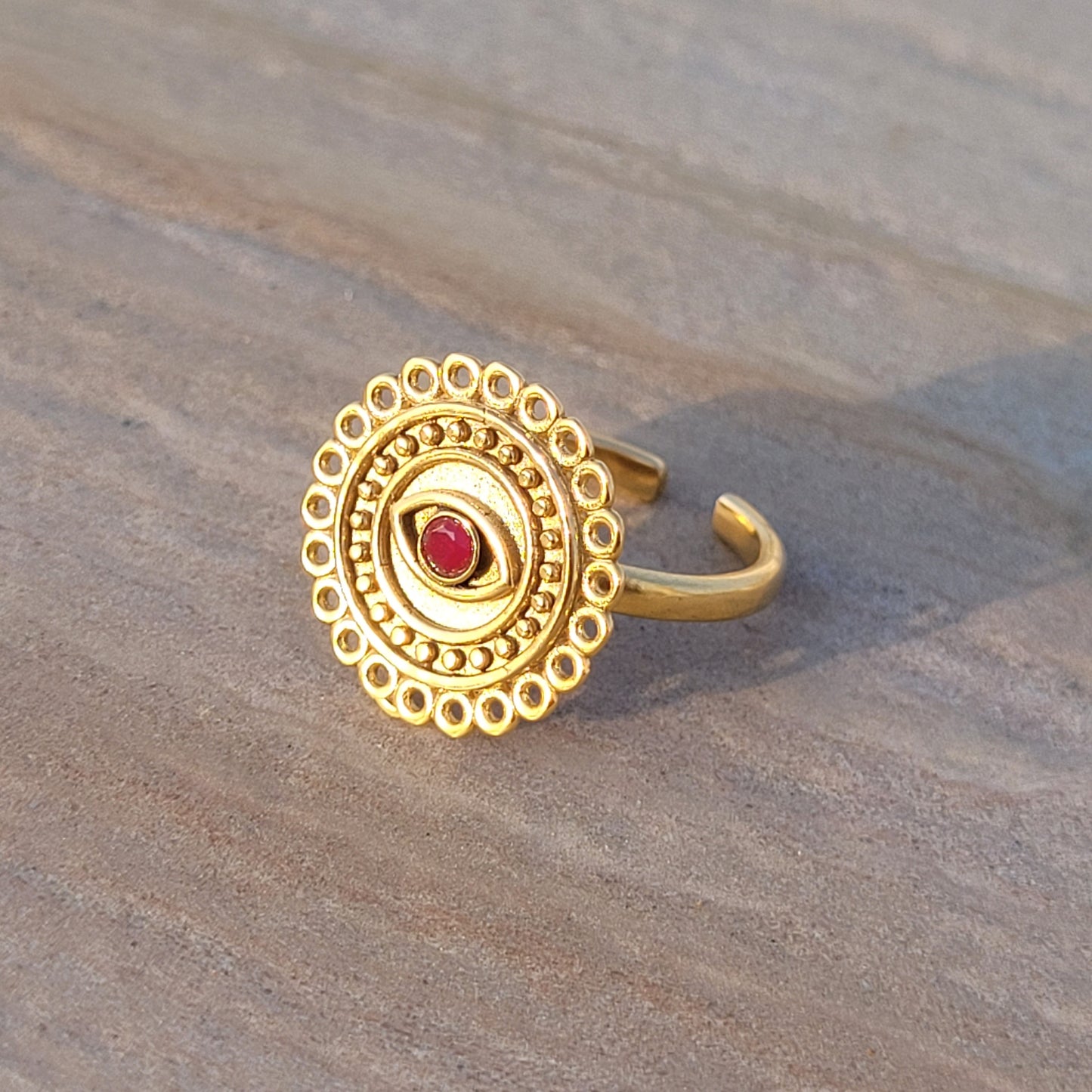 Adjustable Evil Eye ring with Ruby gemstone