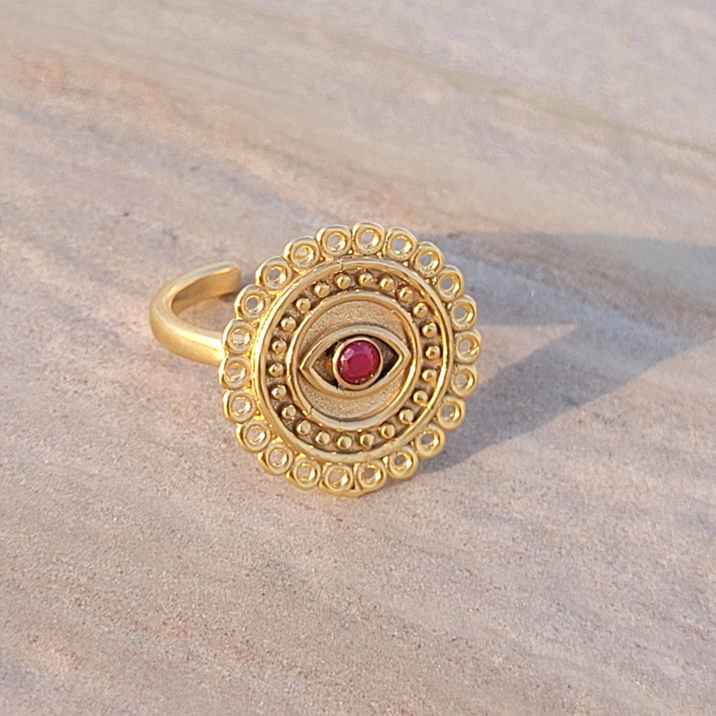 Adjustable Evil Eye ring with Ruby gemstone