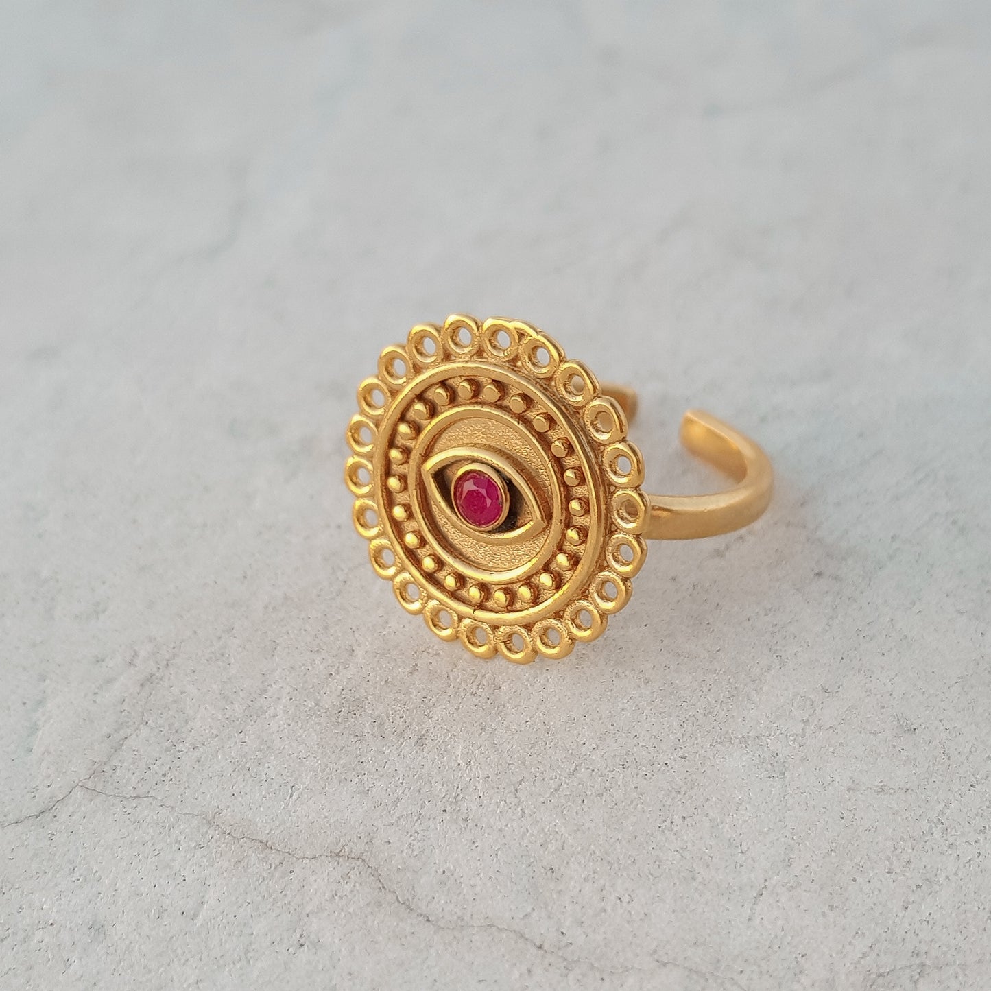 Adjustable Evil Eye ring with Ruby gemstone